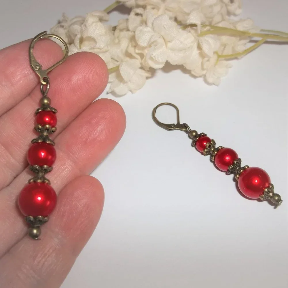 Pearl Earrings, Red and Bronze, Dangle and Drop, Fashion Jewelry Accessory 7394 - Picture 6 of 8